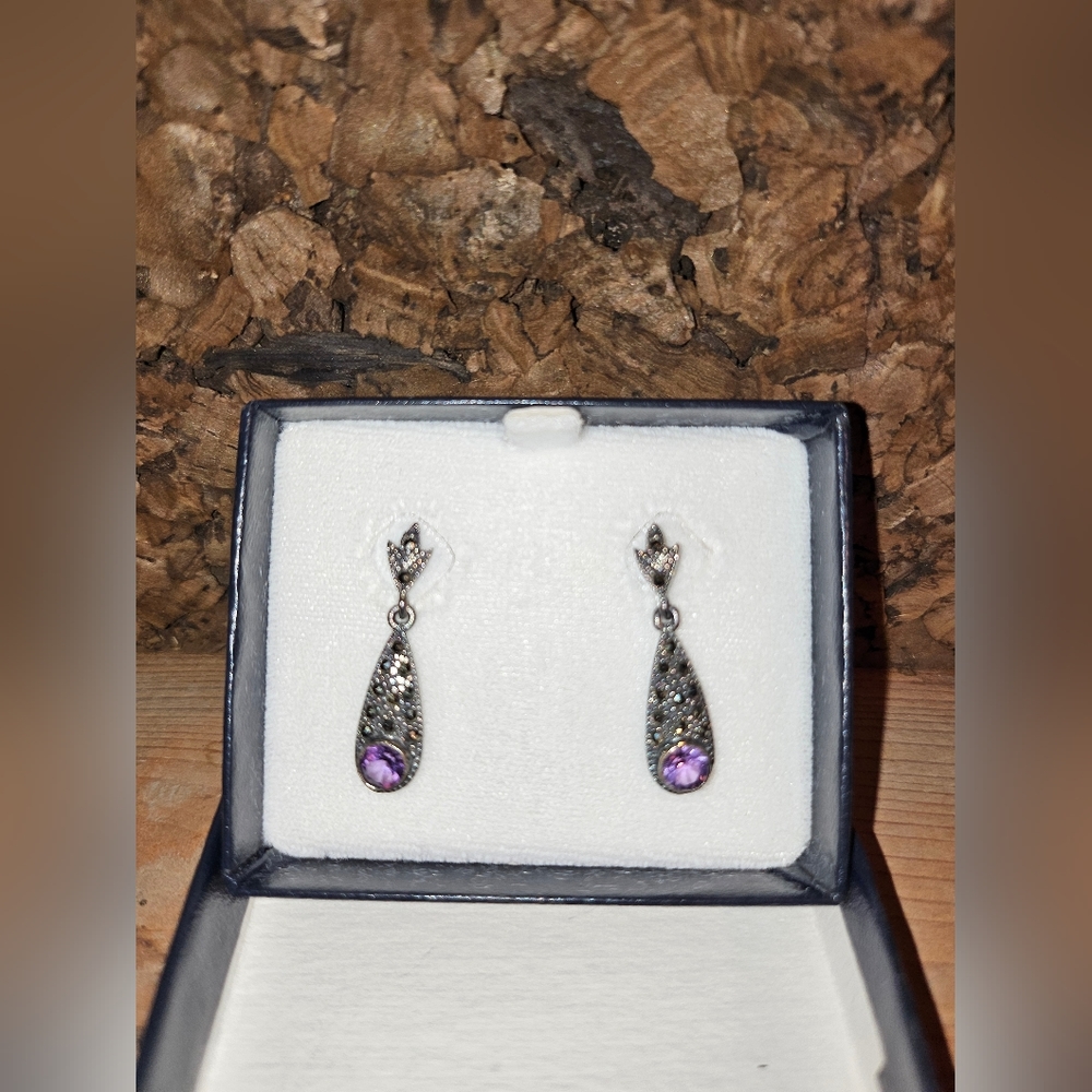 Marcasite and Amethyst Tear Drop Stud Earrings